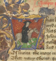Detail of a miniature of the important 15th-century poet John Lydgate, the 'monk of Bury', riding to Canterbury as one of Chaucer's pilgrims; from John Lydgate, The Siege of Thebes, England, 2nd quarter of the 15th century