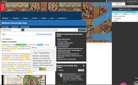 Pundit in action: a web page from the British Library’s “Medieval manuscripts blog” is being annotated using the “Annomatic” functionality. Annomatic enables automatic entity recognition, while matched entities can be confirmed or rejected before being saved as annotations