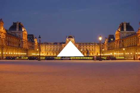 The Louvre at night, with the Pyramid censored (altered by 84user from a FOLP photo on Wikimedia). Source: Hyperallergic.com 