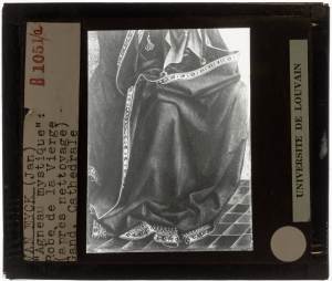 Jan van Eyck. Hubert van Eyck. Lam Gods Open: Our Lady Mary, detail: Dress Collection Glass slides KU Leuven Saint Baafs Cathedral, Ghent Public Domain Marked