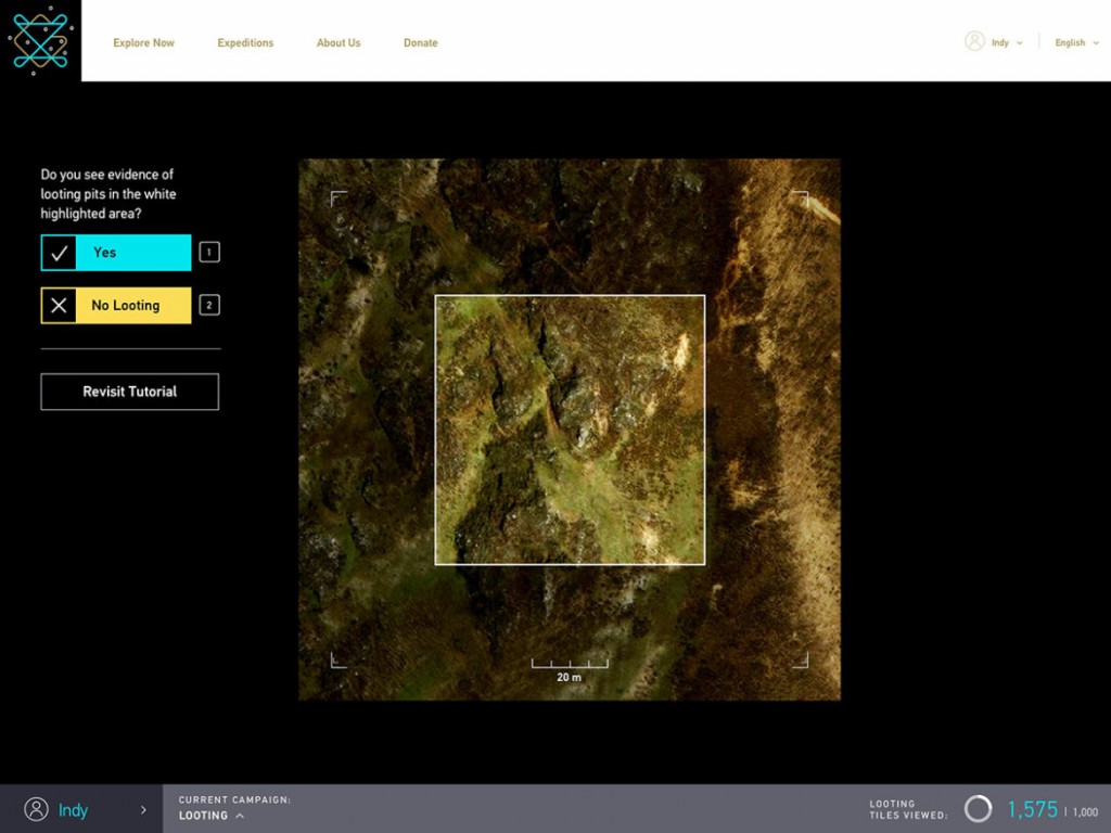 Screenshot of GlobalXplorer showing satellite imagery of Peru, broken into tiles about the size of a few city blocks (page designed by Mondo Robot; image ©DigitalGlobe 2016)