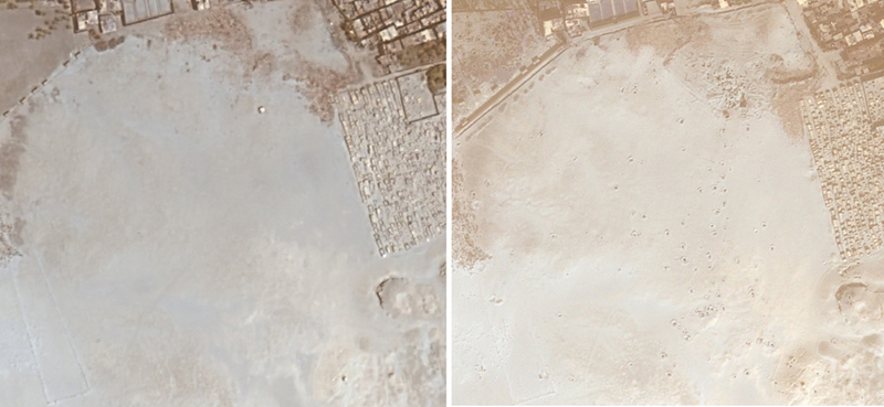 Satellite image of South Abusir, Egypt. The left image was obtained in 2009. The image on the right in 2011 and lootings are quite visible. Photo, courtesy Sarah Parcak.